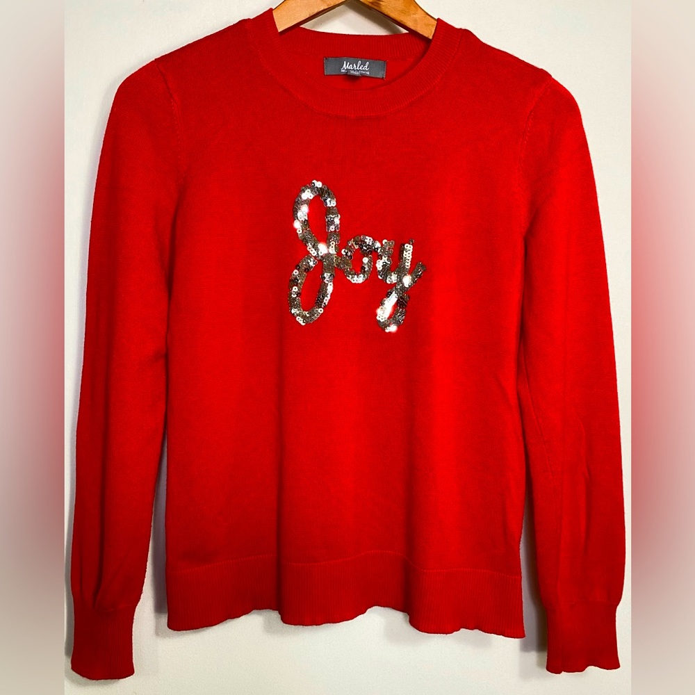 Marled JOY Sequins Red Crewneck Knit Women’s Pullover Sweater, S